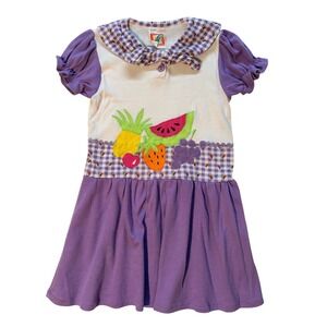 Vintage Hush Puppies Girls Purple Fruit Applique Gingham Dress Size 6 Retro